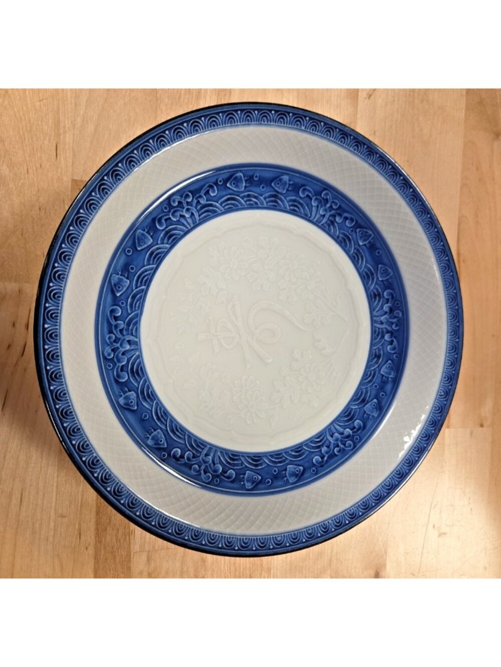 Signed Arita Mansen Japan Cobalt Blue White Embossed Porcelain Console Plate